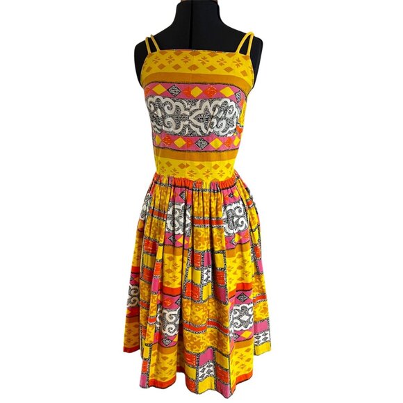 Handmade Dresses & Skirts - Vintage 1960's Handmade Yellow Dress Multicolor Geometric Print Dress Sz S
